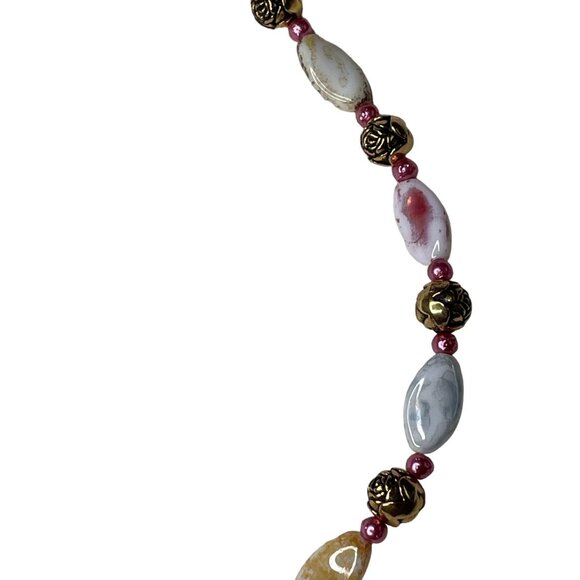 Pebble Chain Necklace Gold Tone Rose Accents Pink Stones Women Handcrafted  u Je - Picture 4 of 4